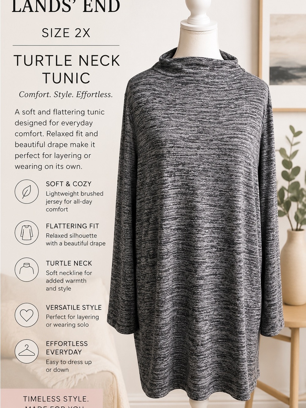 Lands' End Charcoal Space-Dyed Turtleneck Tunic